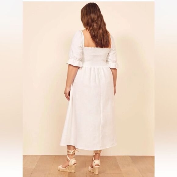 REFORMATION White MARABELLA Smocked Summer Linen Front Slit Midi Dress - Picture 3 of 11